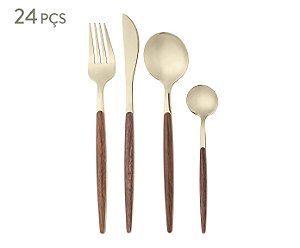 Faqueiro 24 peças Organic Dourado Lyor Madeira