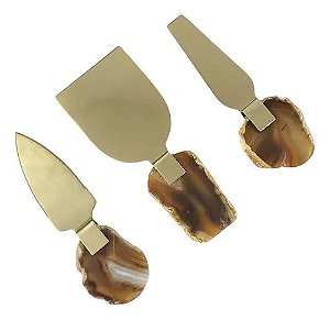 Conjunto 3 Facas Queijo Aço Inox Dourado Ágata