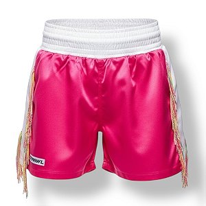Calção de boxe profissional feminino pink com franja colorida