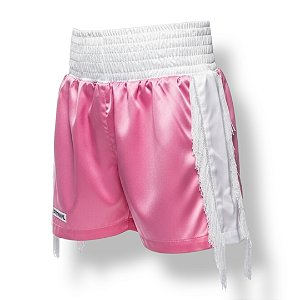 Calção de boxe profissional feminino rosa com franja branca