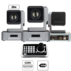 Kit 3 Câmeras Mini PTZ 20X HDMI | USB 2.0 + 1 Controle JTK1 + 3 Suportes de Parede + 3 Cabos Para Controle – 30m