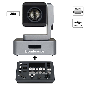 Kit 1 Câmera Mini PTZ 20X HDMI | USB 2.0 + 1 PTZ Controle Mini + 1 Suporte de Parede + 1 Cabo Para Controle – 30m