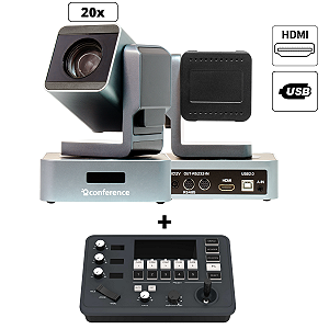 Kit 2 Câmeras Mini PTZ 20X HDMI | USB 2.0 + 1 PTZ Controle Mini + 2 Suportes de Parede + 2 Cabos Para Controle – 30m