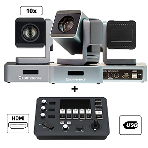 Kit 3 Câmeras Mini PTZ 10X HDMI | USB 2.0 + 1 PTZ Control Mini + 3 Suportes de Parede + 3 Cabos Para Controle – 30m