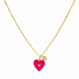 COLAR DOURADO DE ELOS CARTIER COM PINGENTE DE CORAÇÃO ROSA E PEDRINHAS DE ZIRCÔNIAS BRANCAS
