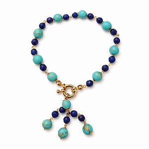 PULSEIRA DOURADA DE BOLINHAS VERDE E AZUL COM FECHO BOIA