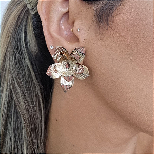 BRINCO DOURADO DE FLOR DUPLA - 5 PÉTALAS