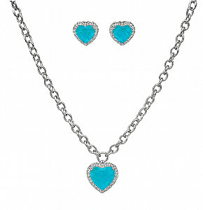 CONJUNTO RÓDIO BRANCO COM BRINCO E COLAR DE ELOS COM PINGENTE DE PEDRA EM FORMATO DE CORAÇÃO VERDE TIFFANY TODO CRAVEJAD