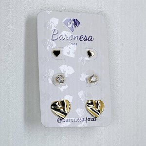 TRIO DE BRINCOS DOURADOS, CORAÇÃO PEQUENO LISO, PONTO DE LUZ, CORAÇÃO ORGANICO