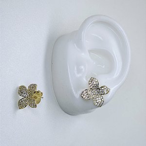 BRINCO DOURADO DE FLOR TODO CRAVEJADO