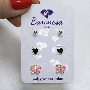 TRIO DE BRINCOS DOURADOS KIDS, BOLINHA, CORAÇÃO LISO E BORBOLETA ROSA