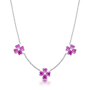 COLAR DE PRATA COM 3 PINGENTES DE TREVO DE 4 FOLHAS EM ZIRCÔNIAS ROSA 40 + 5CM