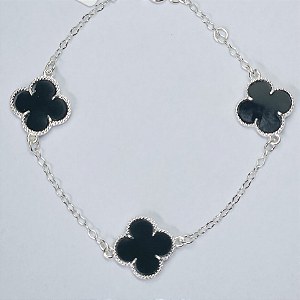 PULSEIRA DE PRATA COM 3 TREVOS DE 4 FOLHAS PEDRA NEGRA GRANDE
