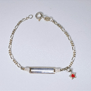 PULSEIRA DE PRATA ELO 3 POR 1 COM PLACA E PINGENTE DE ESTRELA VERMELHA  INFANTIL