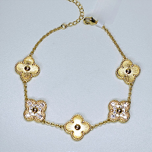 PULSEIRA DOURADA COM TREVOS DOURADOS E TREVOS CRAVEJADOS COM ZIRCÔNIAS BRANCAS