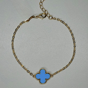 PULSEIRA DOURADA COM 1 TREVO DE 4 FOLHAS DA COR AZUL