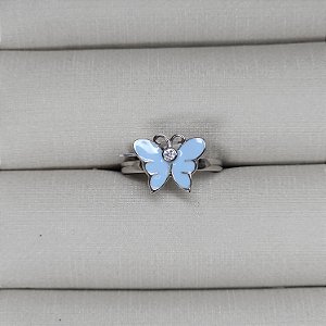 ANEL DE PRATA RODINADO INFANTIL COM BORBOLETA AZUL