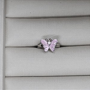 ANEL DE PRATA RODINADO INFANTIL COM BORBOLETA ROSA