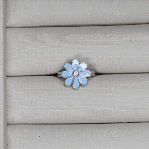 ANEL DE PRATA RODINADO INFANTIL COM FLORZINHA AZUL