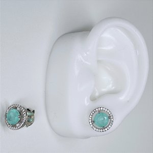BRINCO EM RODIO BRANCO COM PEDRAS REDONDAS VERDE TIFFANY CRAVEJADA AO REDOR