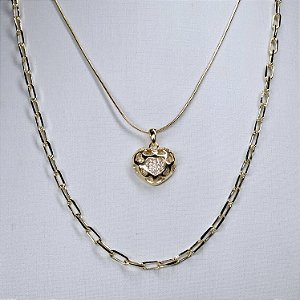 COLAR DOURADO MODELO 2 EM 1, CARTIER 45CM E CORDÃO DE 40CM COM PINGENTE DE CORAÇÃO TODO CRAVEJADO