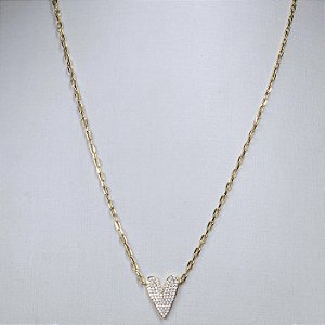 COLAR DOURADO DUPLO - CORRENTE CARTIER E CORRENTE FINA COM PINGENTE DE CORAÇÃO ESTICADO TODO CRAVEJADO 45+5 CM