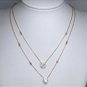 COLAR DOURADO 2 EM 1 COM PINGENTE PONTO DE LUZ E CORAÇÃO CRAVEJADO COM ZIRCÔNIAS BRANCAS