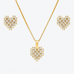 CONJUNTO DOURADO DE CORAÇÃO TODO CRAVEJADO E VAZADO 45CM +5 CM EXTENSOR