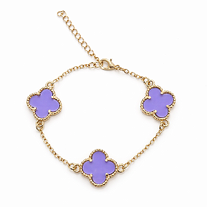 PULSEIRA DOURADA COM TREVOS DE PEDRAS LILÁS