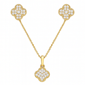 CONJUNTO DOURADO DE TREVOS COM PINGENTE E BRINCOS CRAVEJADOS