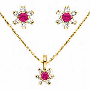 CONJUNTO DOURADO COM PINGENTE E BRINCOS DE FLOR ROSA