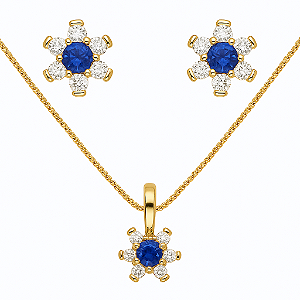 CONJUNTO DOURADO COM PINGENTE E BRINCOS DE FLOR AZUL