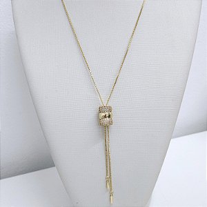COLAR DOURADO MODELO GRAVATINHA COM AMARRA 2 FIOS CRAVEJADOS E UM LISO