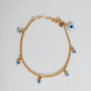 PULSEIRA DOURADA COM PINGENTES DE OLHO GREGO 17+3CM