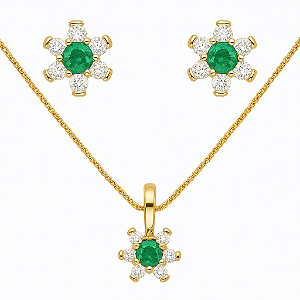 CONJUNTO DOURADO COM PINGENTE E BRINCOS DE FLOR VERDE
