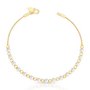 BRACELETE DOURADO MALEAVEL COM BOLINHAS DOURADAS E PÉROLAS