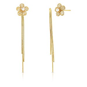 BRINCO EAR JACKET 2 EM 1 FLOR ORGANICA COM UMA PÉROLA E 3 FIOS
