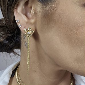 BRINCO EAR JACKET 2 EM 1 FLOR ORGANICA COM UMA PÉROLA E 3 FIOS