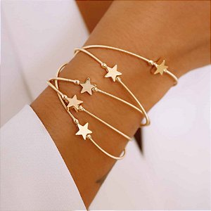 PULSEIRA DOURADA CORDA VIOLÃO LISA COM ESTRELA E BOLINHA - FECHO IMÃ