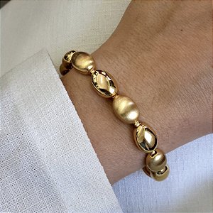 PULSEIRA DOURADA MEIA BOLA OVAL, LISA E FOSCA