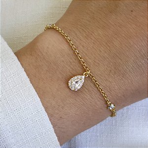 PULSEIRA DOURADA PINGENTE GOTA MICROCRAVEJADA COM PEDRAS DE ZIRCÔNIAS BRANCAS - 18CM + EXTENSOR