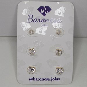 TRIO DOURADOS DE BRINCOS DE CORAÇÃO ZIRCÔNIAS BRANCAS