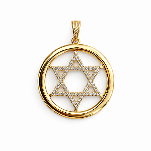 PINGENTE DOURADO MEDALHA ESTRELA DE 6 PONTAS MEDIO COM ZIRCÔNIAS - 3CM