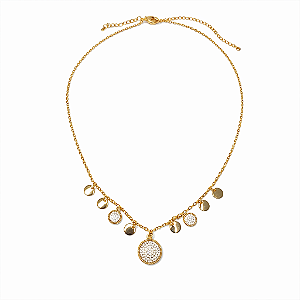 CHOCKER DOURADA COM 3 PINGENTE DE CIRCULOS CRAVEJADOS INTERCALANDO COM CIRCULOS LISOS