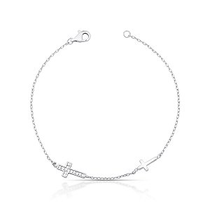 PULSEIRA PRATA ELOS COM CRUZ LISA E CRUZ CRAVEJADA - COM EXTENSOR