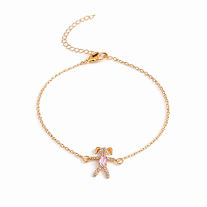 PULSEIRA DOURADA MENINA COM ZIRCÔNIAS BRANCAS E VESTIDO PEDRA ROSA NO MEIO - 18CM + 5CM EXTENSOR