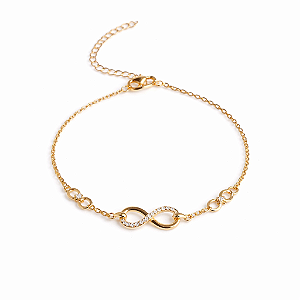 PULSEIRA DOURADA COM SÍMBOLOS DE INFIITO E PEDRAS DE ZIRCÔNIAS BRANCAS - 17CM + 3CM EXTENSOR