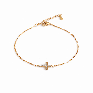 PULSEIRA DOURADA COM CRUZ DE ZIRCÔNIAS BRANCAS DEITADA - 17CM + 3CM EXTENSOR