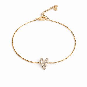 PULSEIRA DOURADA COM FIO VENEZIANA E CORAÇÃO NO MEIO MICROCRAVEJADO COM ZIRCÔNIAS BRANCAS - 17CM + 5CM EXTENSOR