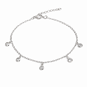 PULSEIRA PRATA DE ELOS COM 5 PEDRAS DE ZIRCÔNIAS REDONDAS PENDURADAS - 18CM + 2CM EXTENSOR